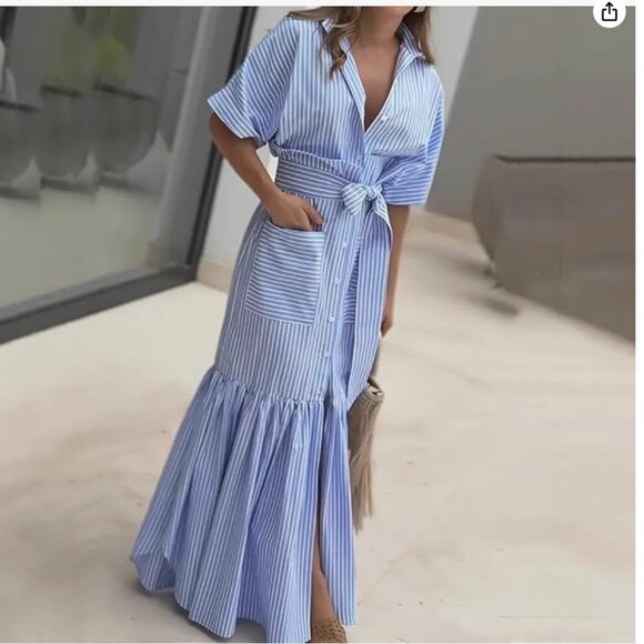 Blue Striped Short-Sleeve Button-Up Dress - Picture 1 of 7